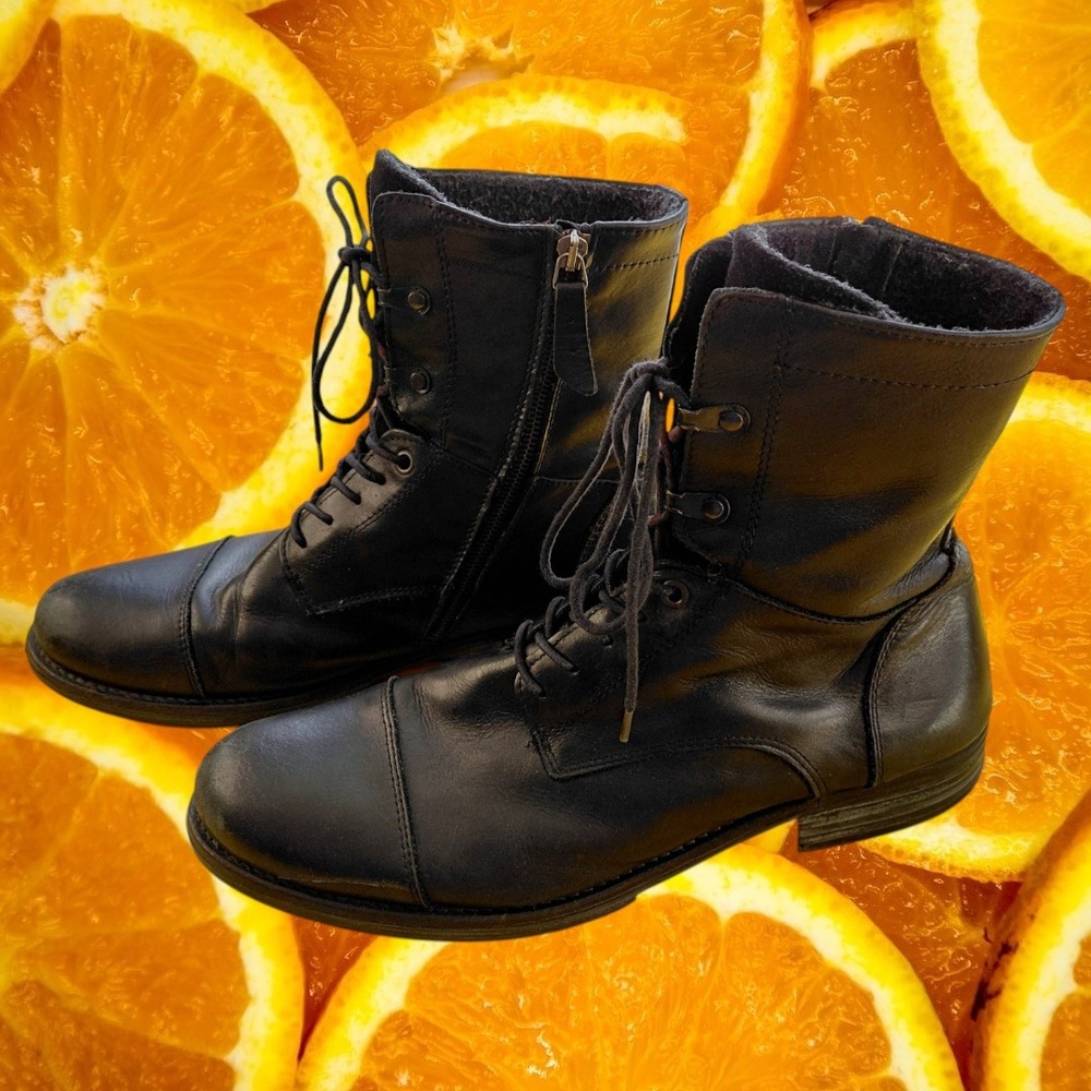 Aldo Mens Black Leather Combat Boots Side Zip Cap Toe Made in Portugal Size 12